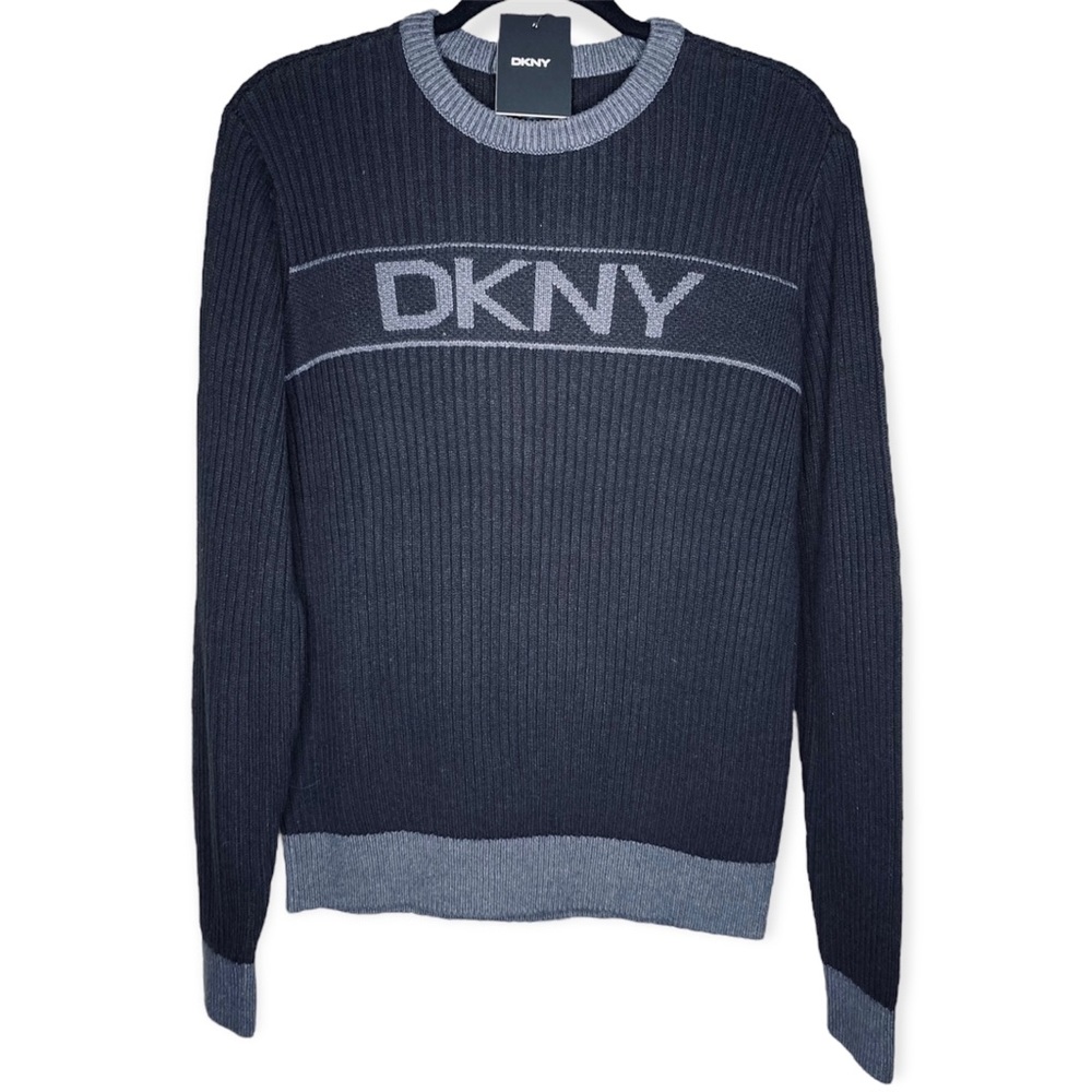 DKNY Small S Logo Ribbed Knit Sweater Crew Long Sleeve Pullover Men’s Black Gray